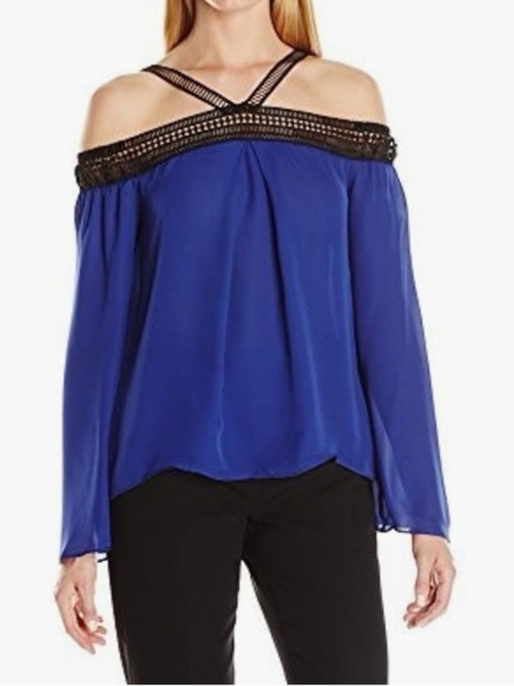 Nicole Miller Artelier Royal Blue and Black crochet Trim Silk Blouse size large